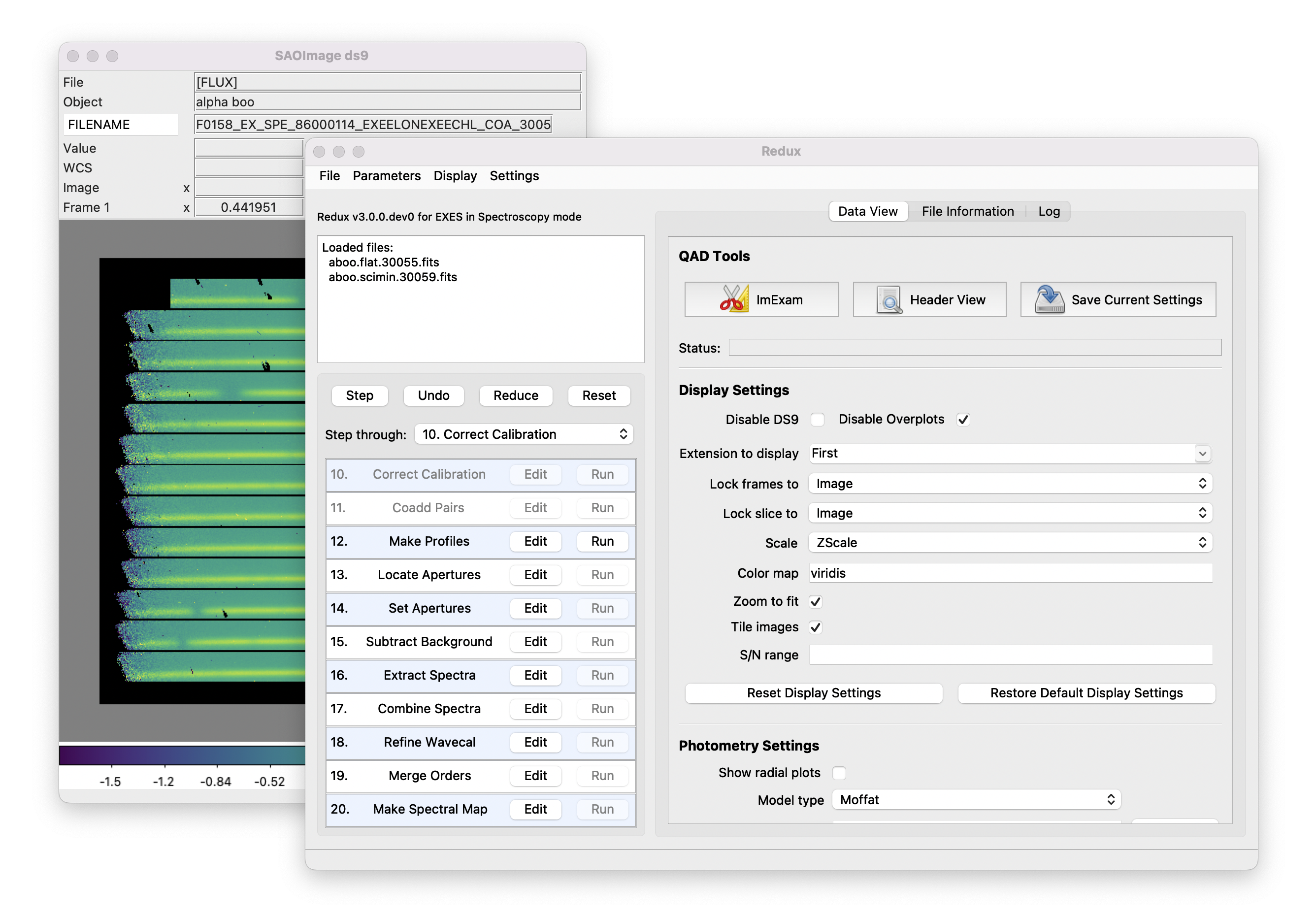 Data viewer settings with various widgets and buttons to control display parameters and analysis tools.