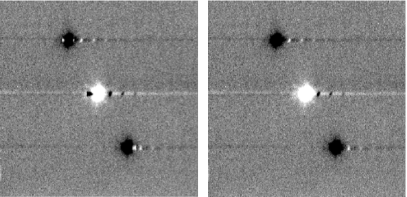 Left: bright source with irregular negative blob and ringing artifacts. Right: corrected image with no blob.