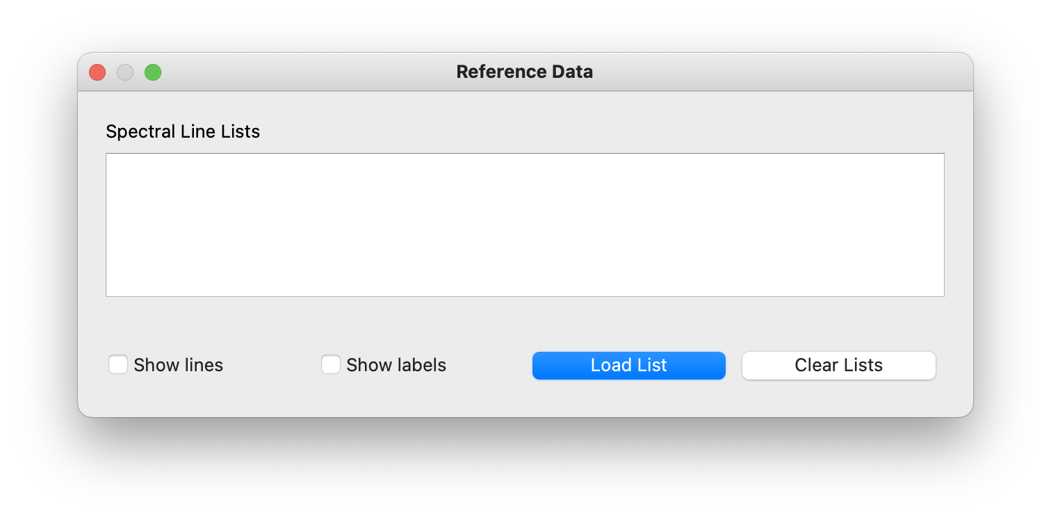 Reference data window for loading spectral lines.