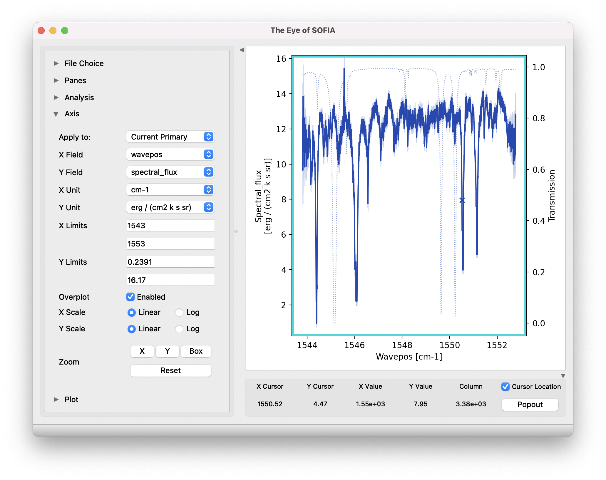 A GUI window showing a spectral plot and various buttons and widgets to control the plot display.