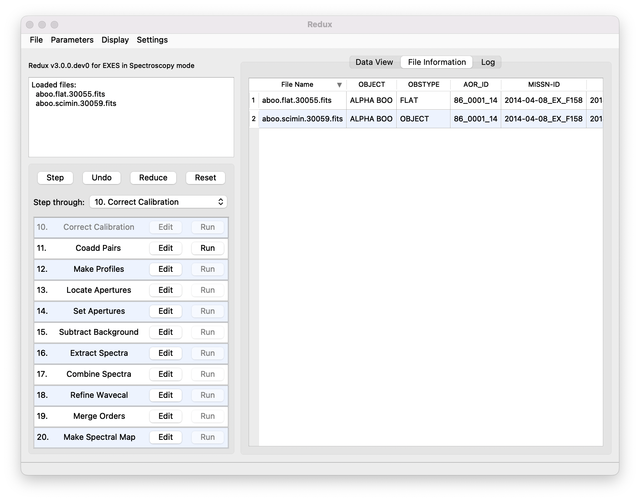 A table display showing filenames and FITS keyword values.