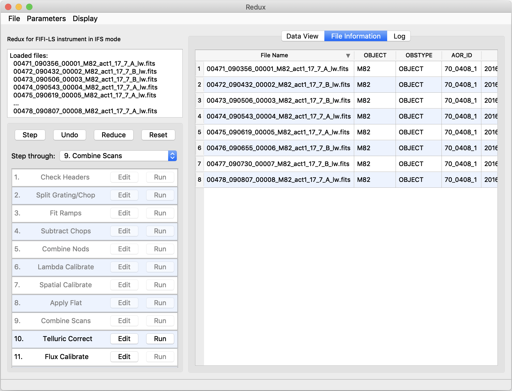 A table display showing filenames and FITS keyword values.