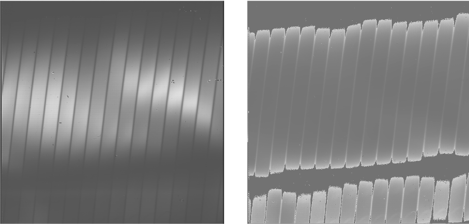 Left: square frame with wide diagonal stripes of variable illumination. Right: diagonal stripes, overlaid with flat patches at top and lower middle of the square.  The flat patches in the Right image correspond to dark areas in the Left image.