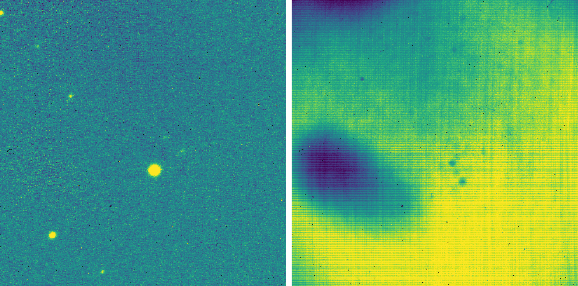 Left: corrected image flat background and sources are visible. Right: normalized flat with gain artifacts.