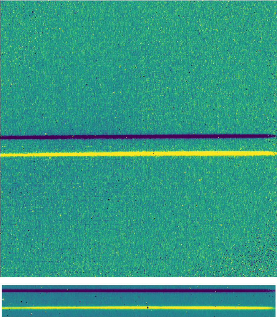 Top: full square array with two traces. Bottom: smaller rectangle containing only the slit region of the detector.