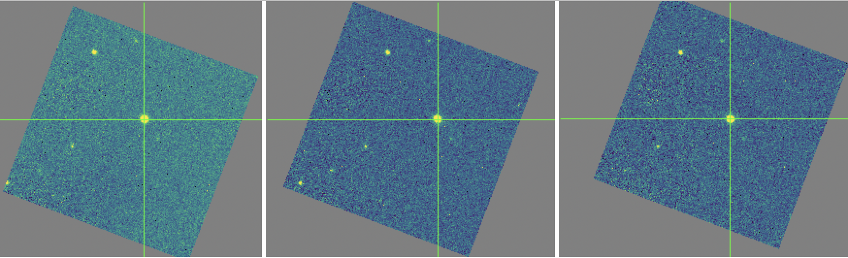 Three dithered images of a field, aligned in WCS with a crosshair marking the location of the brightest source.