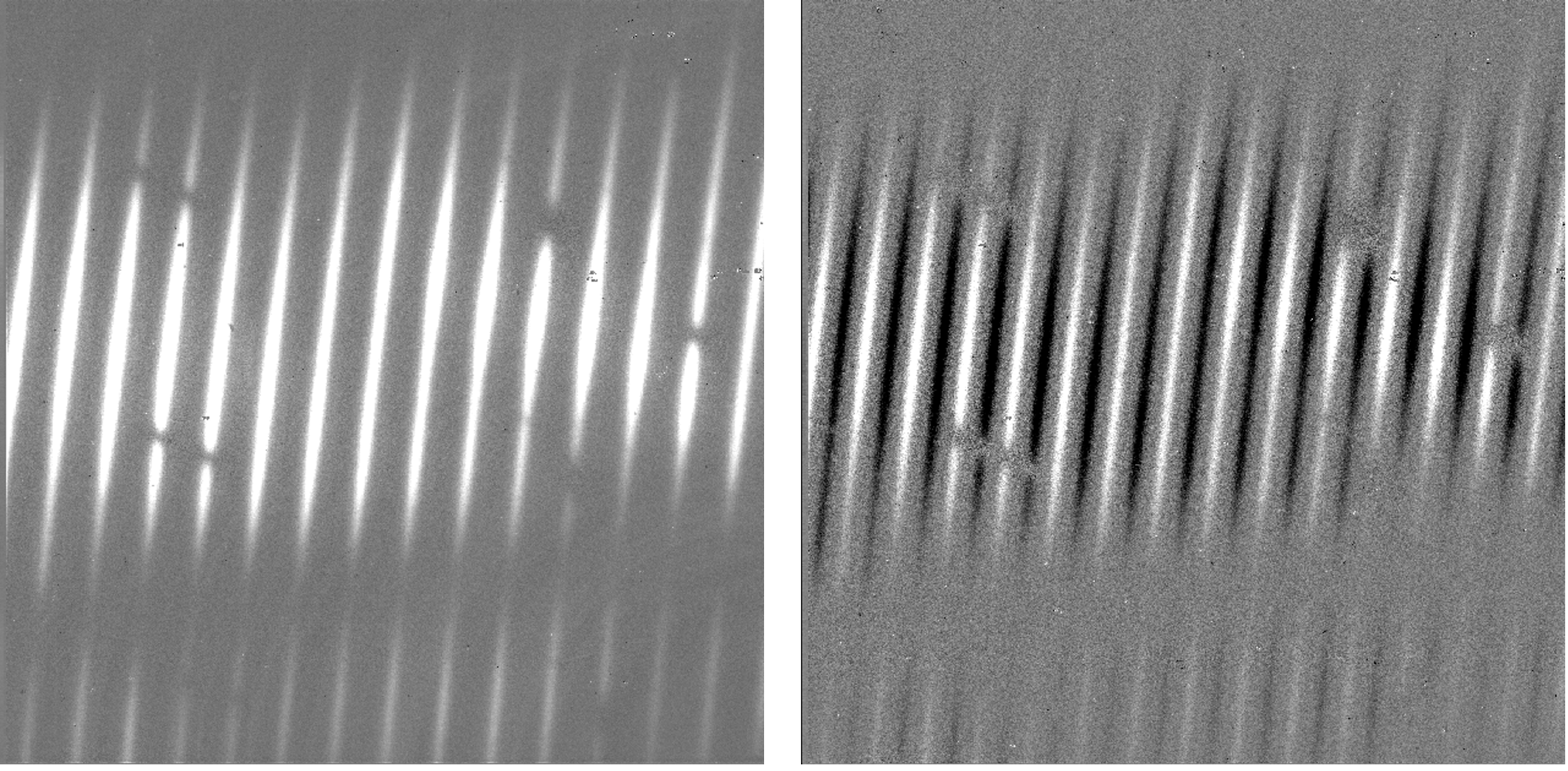 Left: square frame with bright diagonal stripes.  The source stands out from the background as a single bright spectral trace. Right: square frame with bright and dark diagonal stripes. The source is nodded on array, so appears as a positive (bright) and negative (dark) spectral trace in each order.