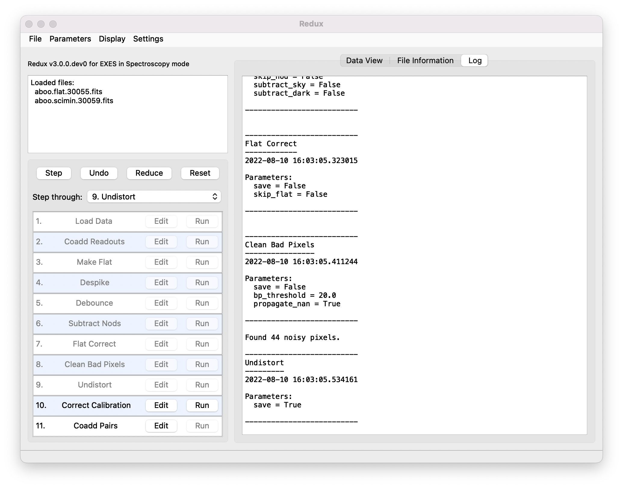 GUI window showing reduction steps with Edit and Run buttons. A log window is displayed with text messages from a reduction.