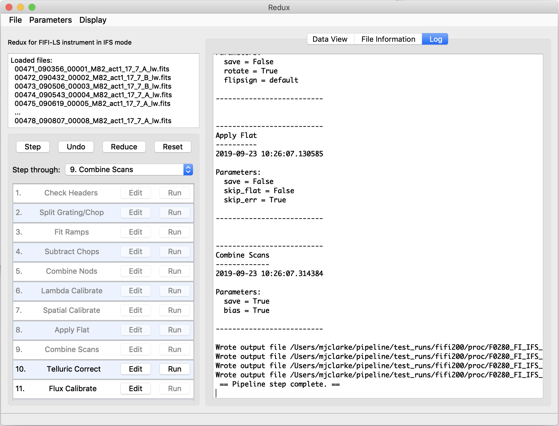 GUI window showing reduction steps with Edit and Run buttons. A log window is displayed with text messages from a reduction.