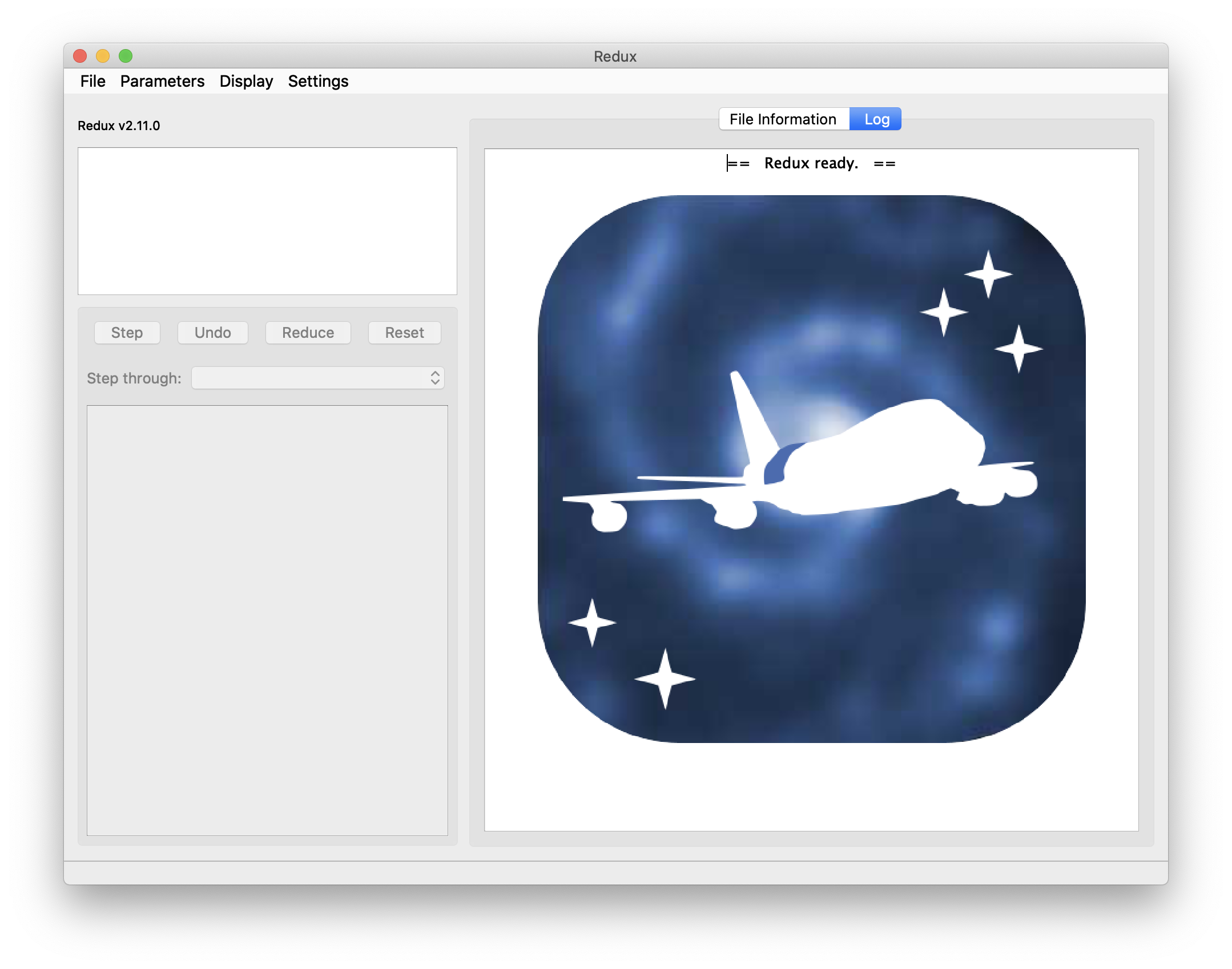 Startup screen showing an outline of an airplane with an open telescope door on a blue background showing faint spiral arms and stylized stars.