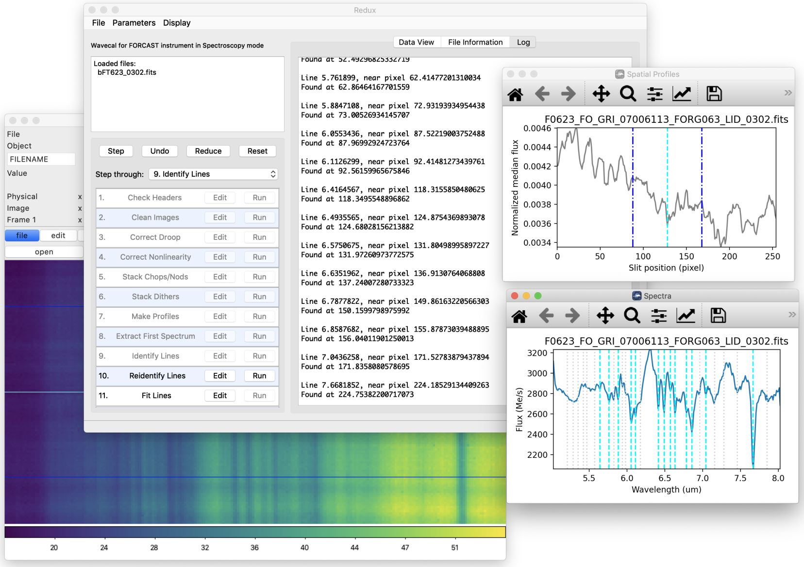 The Redux GUI window, several spectral plot displays with lines marked, and a DS9 window showing a spectral image.
